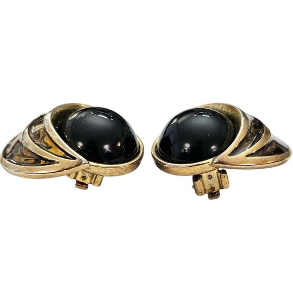 Gold Tone Crescent Moon Round Black Lucite Clip On Earrings, Signed M Jent - Picture 5 of 10